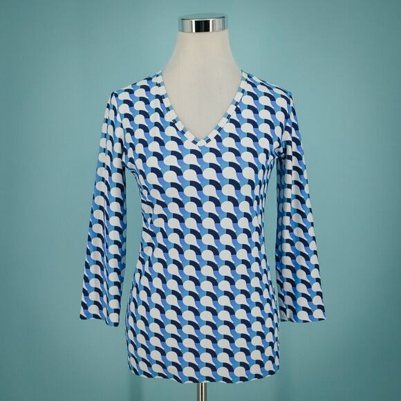 Melly M Size Small S Top Blue Geometric Print V Neck Long Sleeve Catalina Cloth - Picture 1 of 8